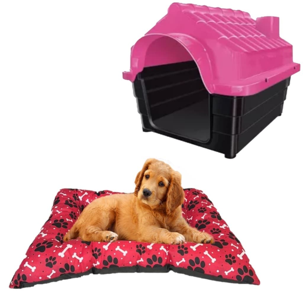Kit Casinha Pet Resistente N3 Rosa E Cama Colchonete Pet Cat
