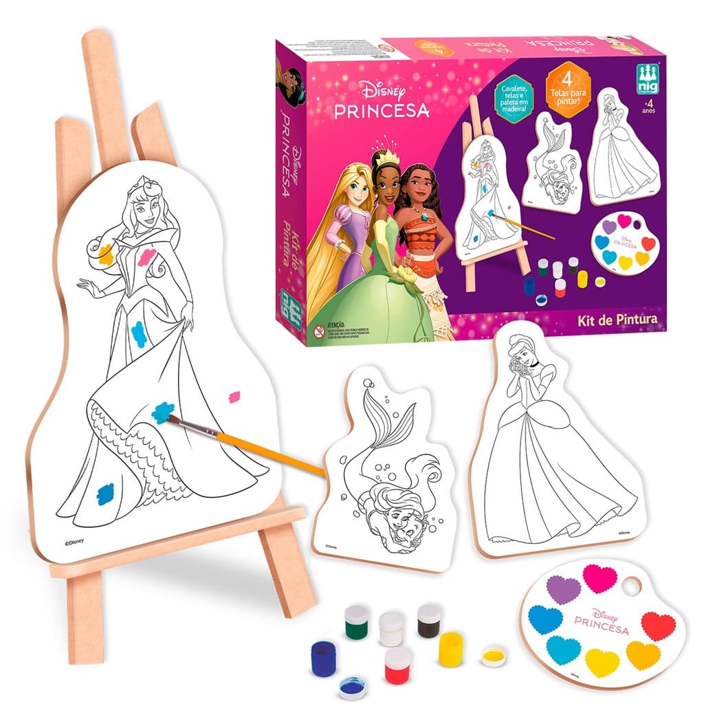 Brinquedo Educativo Infantil Kit Pintura Princesas Com Cavalete Tintas E Pincel Colorido - Nig Brinquedos