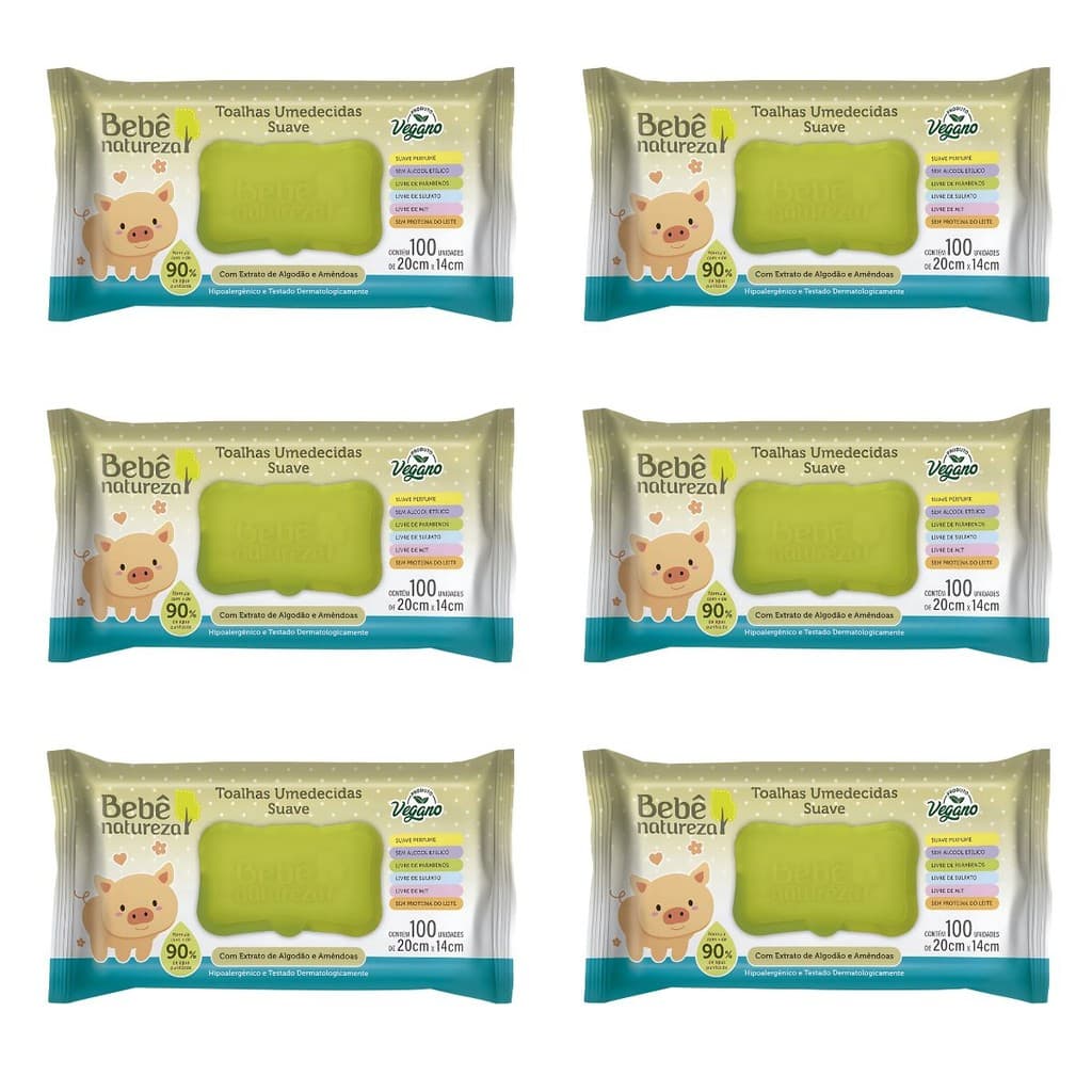 Kit 6 Pacotes Com 100 Toalhas Umedecidas  Suave Bebê Natureza 600 Lenços Umedecidos