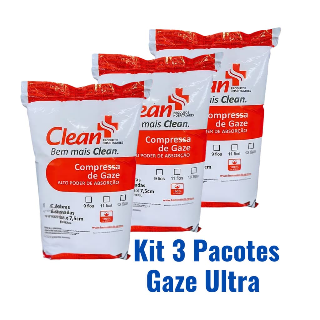 Kit 3 Pacotes de Gaze 13 Fios Não Estéril 100% Algodão Primeiros Socorros e Hospitalar - Clean Ultra