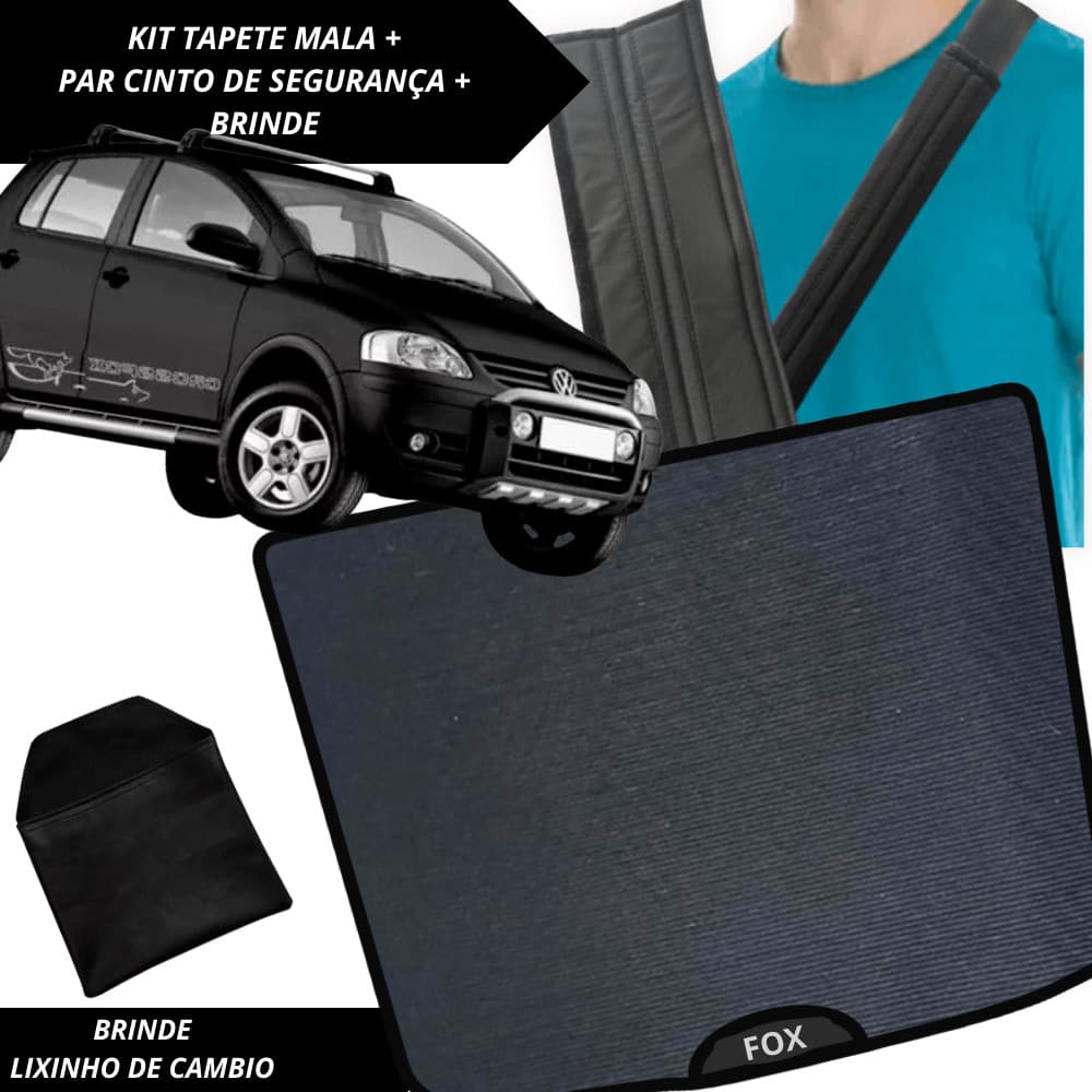 Tapete Emborrachado Porta Malas Fox 2003 a 2014 + 2 Capas Cinto Segurança Acessório Automotivo Carro