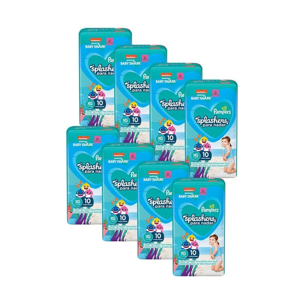 Kit 8 Fraldas Pampers para Água Splashers Baby Shark XG com 10un cada