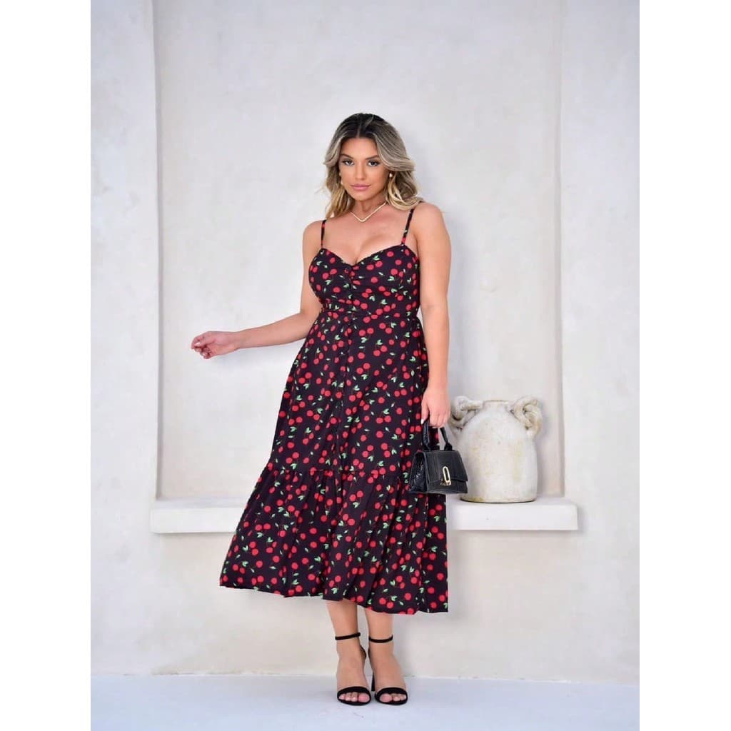 Vestido Mid Cereja. Vestido Cherry Com Botoes Que Abrem Babado