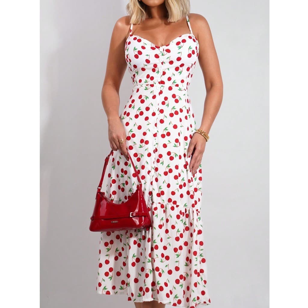 Vestido Mid Cereja. Vestido Cherry Com Botoes Que Abrem Babado PRIMAVERA/VERÃO