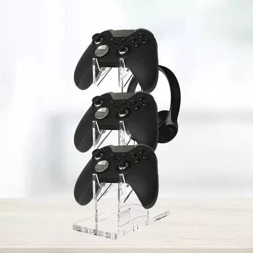 Suporte Para Controle Video Game Fone de Ouvido Expositor Universal 3 Lugares Acrilico Trasnparente PS5 XBOX