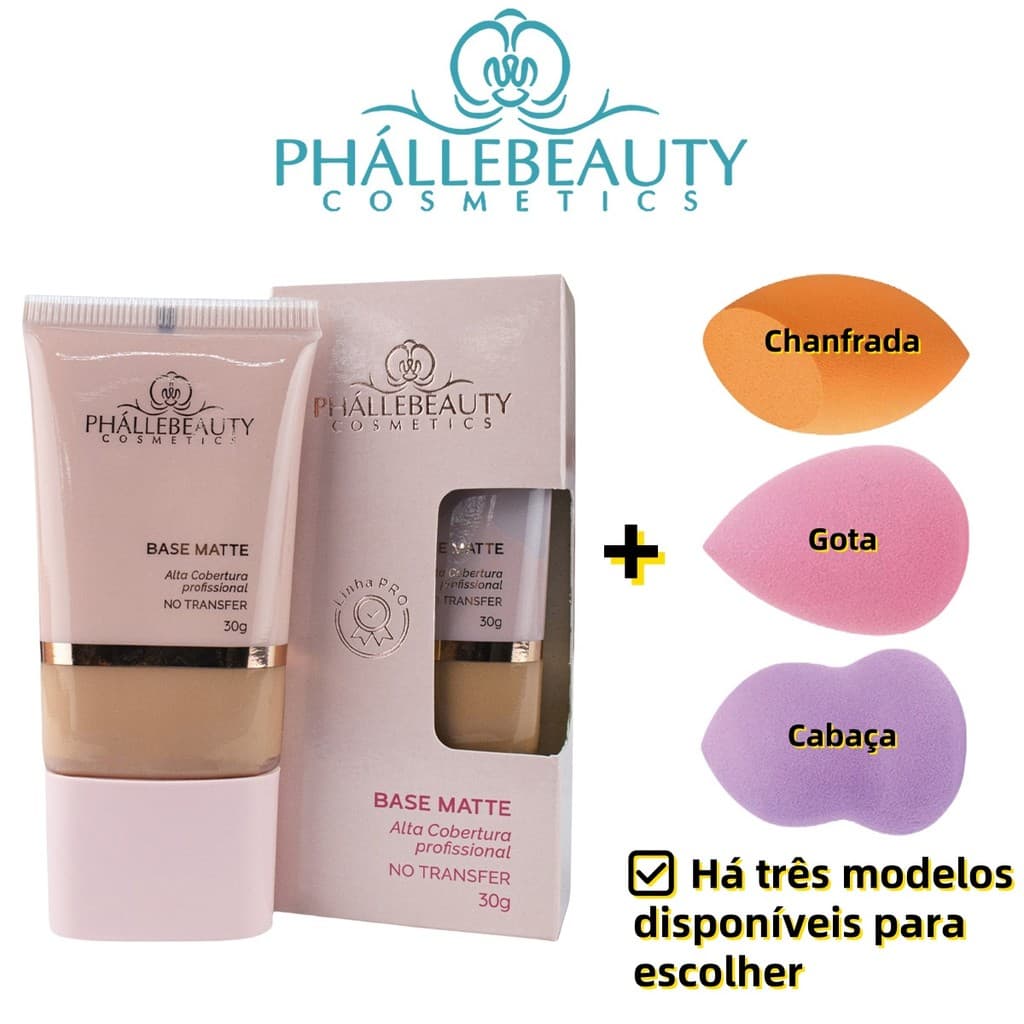 Kit Phállebeauty Base Líquida Matte + Esponja Profissional – 6 Cores de Base + 3 Formatos de Esponja