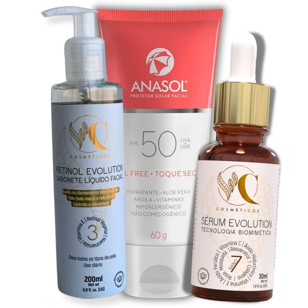 Kit Skincare Completo com Sabonete Facial, Sérum Anti-Idade e Protetor Solar Anasol Toque Seco FPS 50