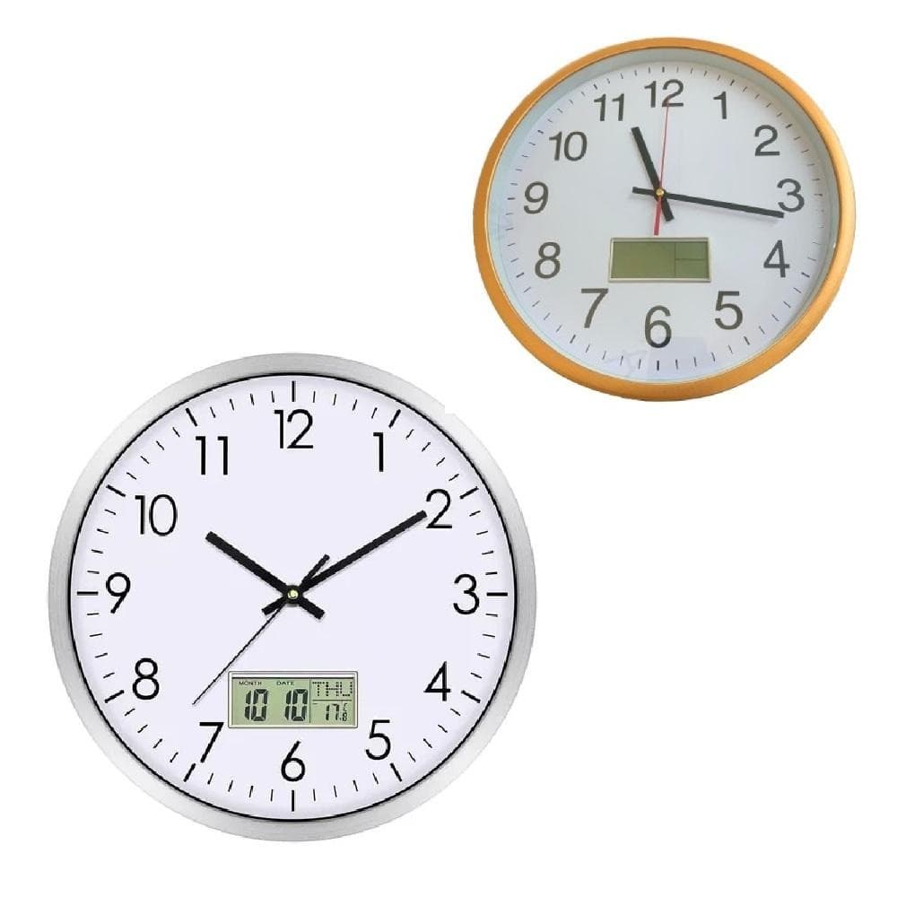 RELOGIO DE PAREDE ANALOGICO 30CM CALENDARIO E TERMOMETRO DIGITAL MEDIDOR DE TEMPERATURA ROSE GOLD PRATA