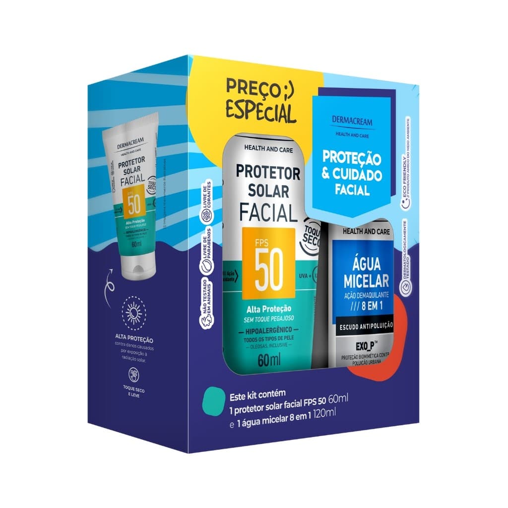 Kit Facial Protetor Solar Facial FPS 50 60ml + Água Micelar 8 em 1 120ml Skin Care