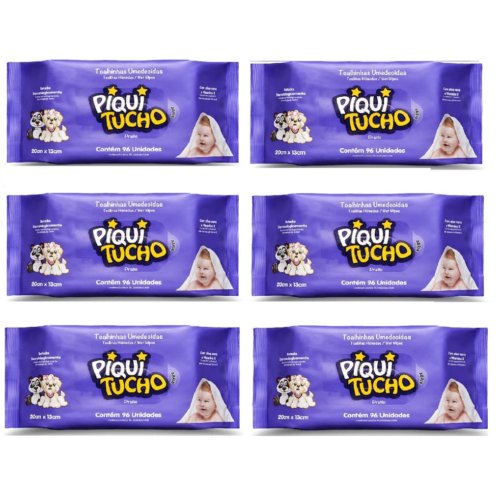 Kit 6x Toalhas Umedecidas Piquitucho Pratic 96 UN