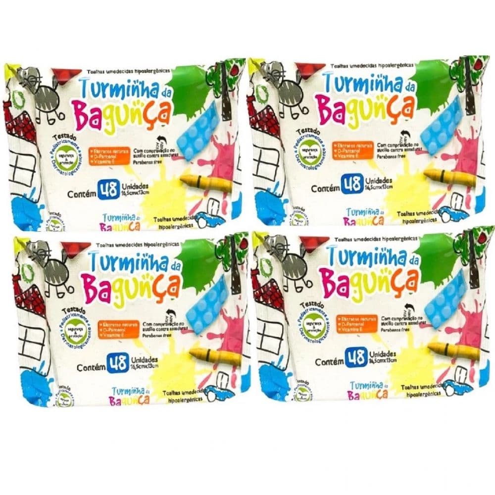 Kit com 4 - Lenço Umedecido Turminha da Bagunça 48 Lenços Umedecidos