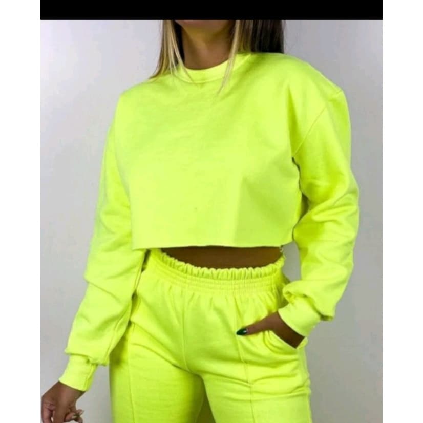 Conjunto de Moletom Feminino duas peças Calça + blusa modelo cropped manga longa  Liso  Alta Qualidade Careca/ Sem Capuz