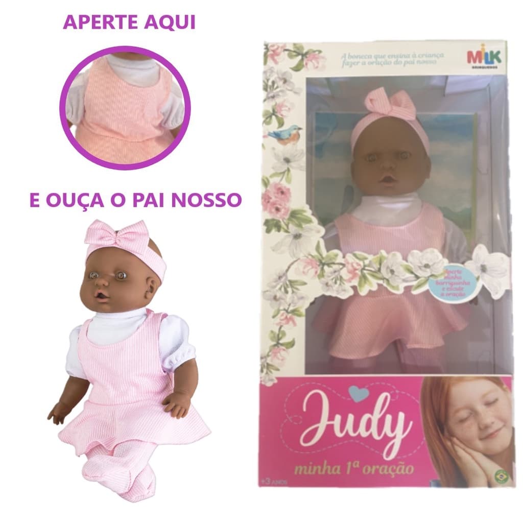 Boneca Judy Negra Minha 1ª Oração e Cadeira de Alimentação
