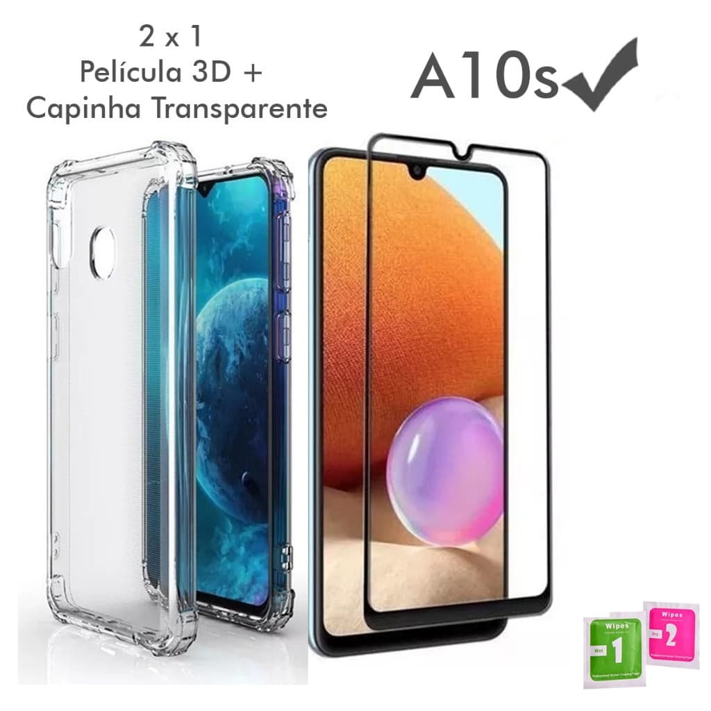 Capa Híbrida Capa Case Capinha Anti Shock transparente Samsung Galaxy A10s + Película Vidro 3D