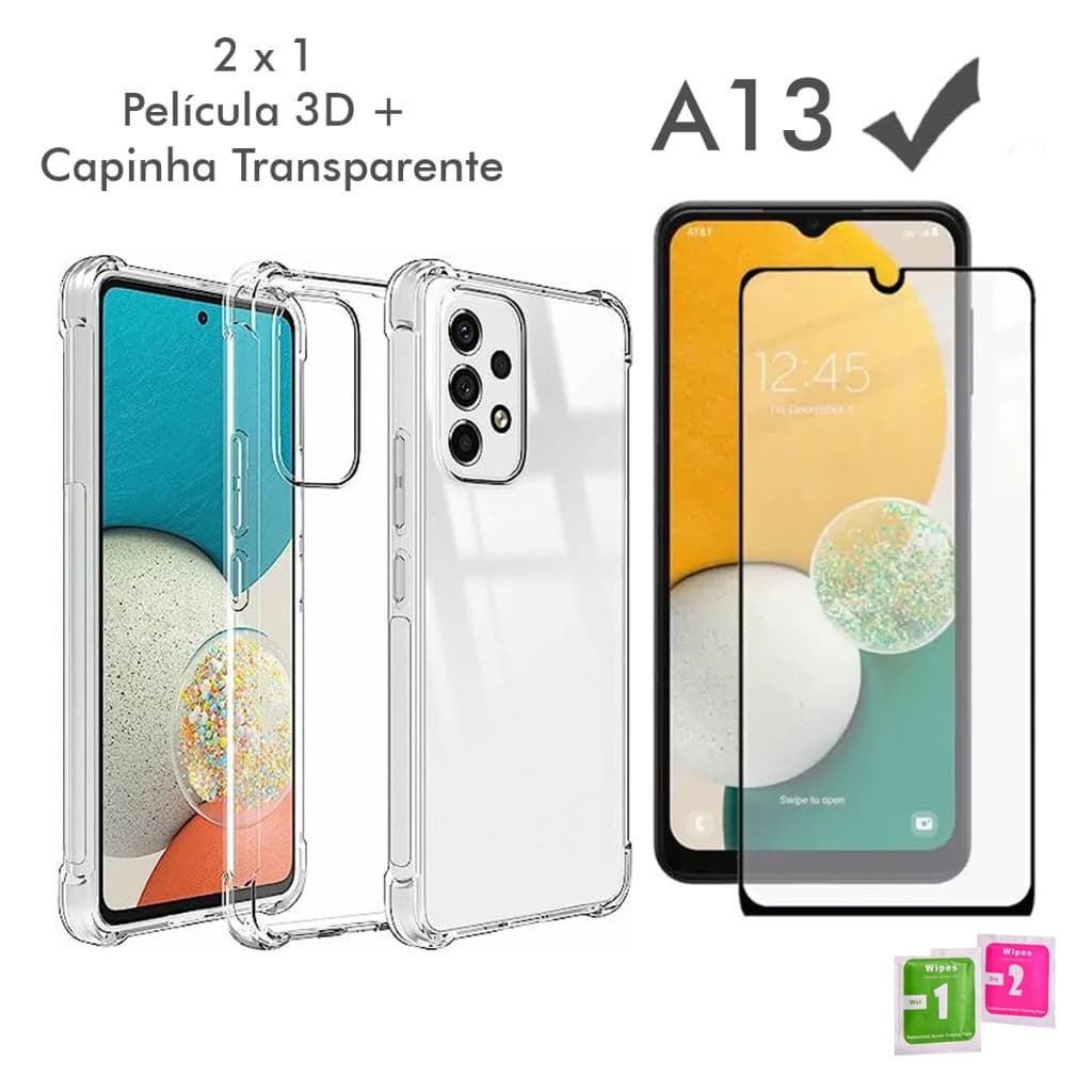 Capa Resistente Capa Case Capinha Anti Shock transparente Samsung Galaxy A13 + Película Vidro 3D