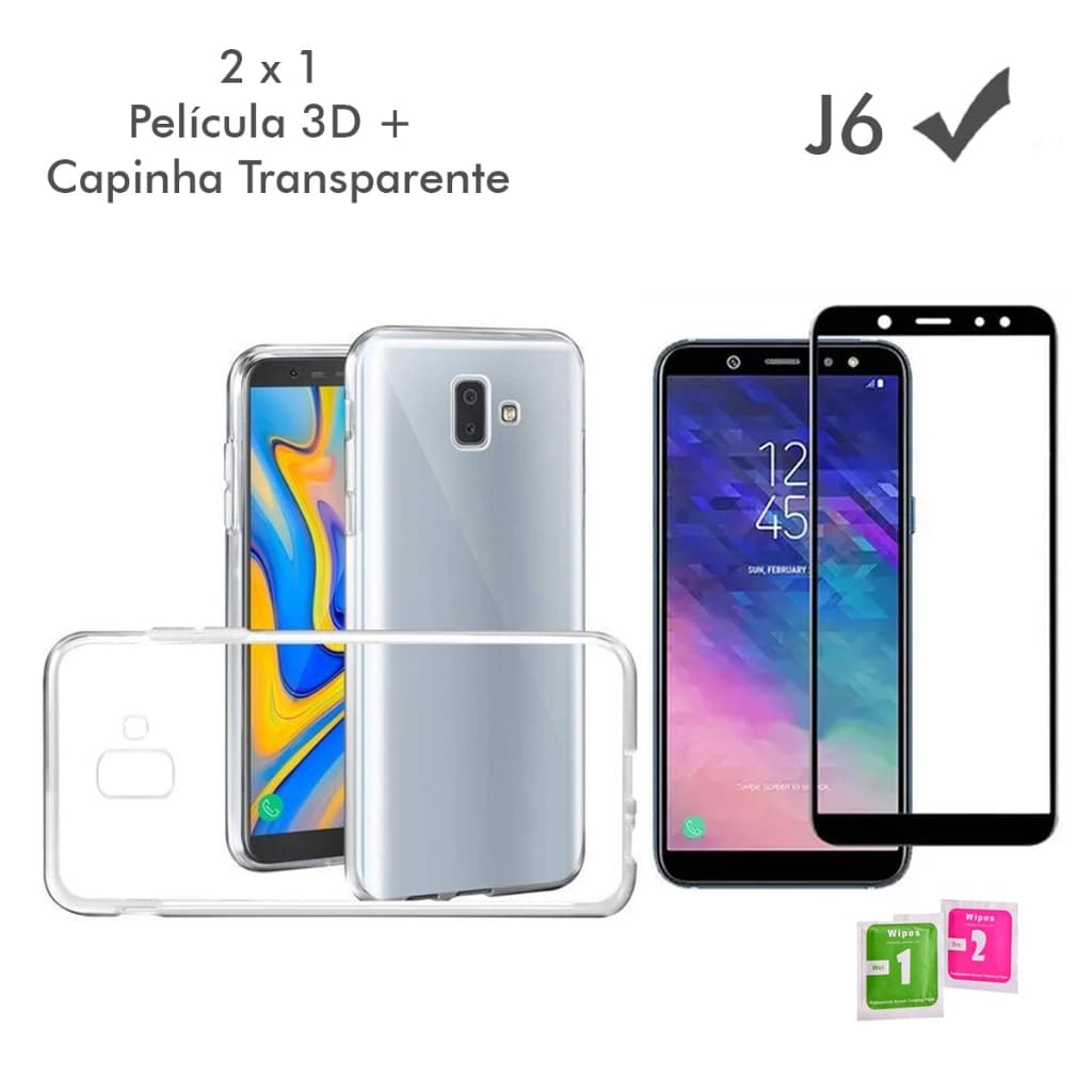 Capa de Alta Durabilidade Capa Case Capinha Anti Shock transparente Samsung Galaxy J6 + Película Vidro 3D