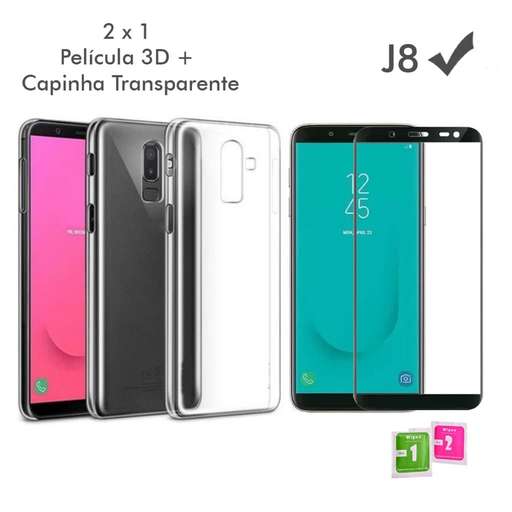 Capa de Proteção Avançada Capa Case Capinha Anti Shock transparente Samsung Galaxy J8 + Película Vidro 3D