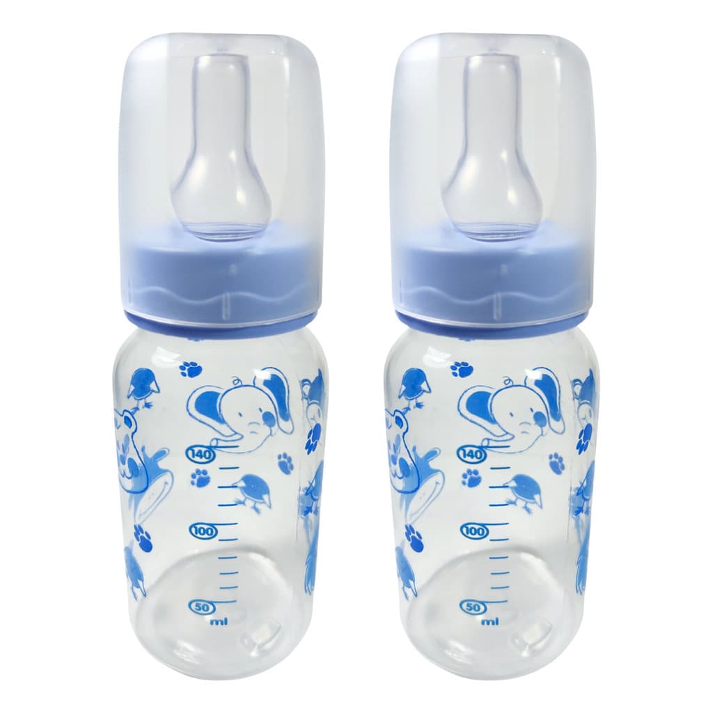 Mamadeira 140ml Azul Para Meninos Meninas Bebê Criança Bico Redondo Livre de BPA - Kit 2 Unidades