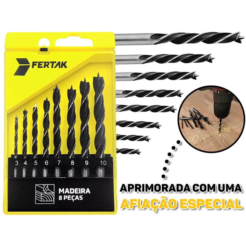 Jogo De Brocas 8 Peças C/ Estojo Furar Madeira Maciça Mdf Aço 3 a 10mm Para Furadeira Parafusadeira Fertak