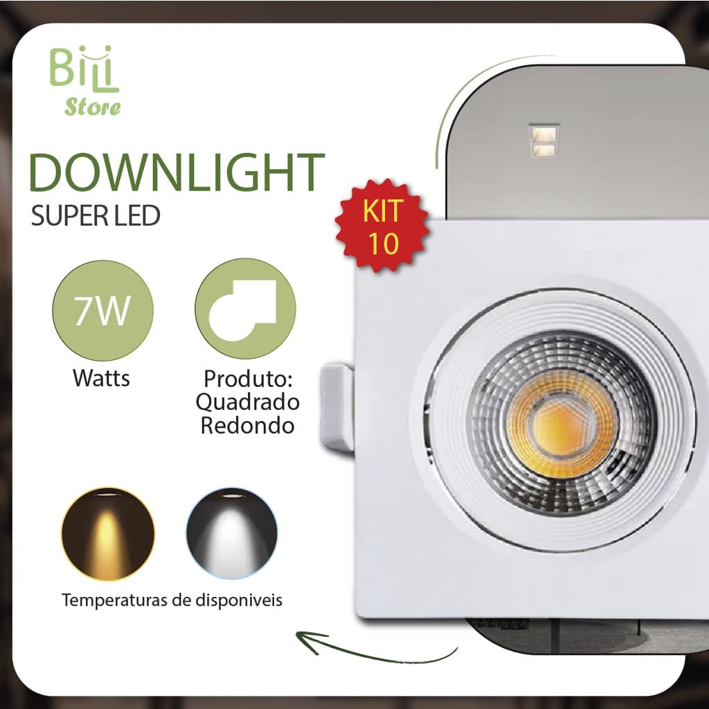 10 Luminária Spot Led Quadrado Direcionável 7W Embutir Gesso Teto | Branco Frio 6500K (Luz Branca) | Branco Quente 3000K (Luz Amarela) Bivolt Spot Super LED Pronta Entrega