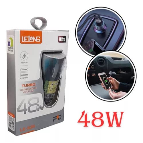 Carregador Veicular 48W Para Carro Ultra Turbo Rápido2 Portas 1 Usb + 1 Usb-C Sem Cabo Veicular