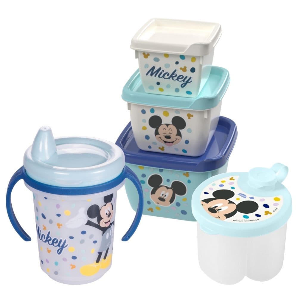 Kit infantil caneca com bico, porta leite em pó e conjunto 3 potes Mickey Plasutil