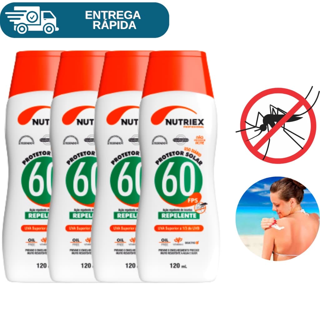 Kit 4 Protetor Solar Fps 60 Ação Repelente 120ml Nutriex 1/3 UVA UVB Bloqueador Solar Fator 60 Creme