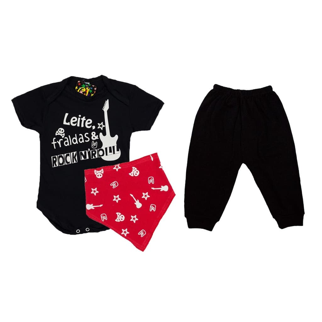 Body Bebê Fantasia Leite Fralda e Rock N' Roll + Lenço e Calça