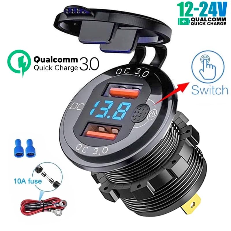 Carga Rápida Do Carro QC 3.0 36W Tomada De Carregador USB Duplo À Prova D'água Com Interruptor Voltímetro Para Caminhão De Barco ATV De Motocicleta 12V/24