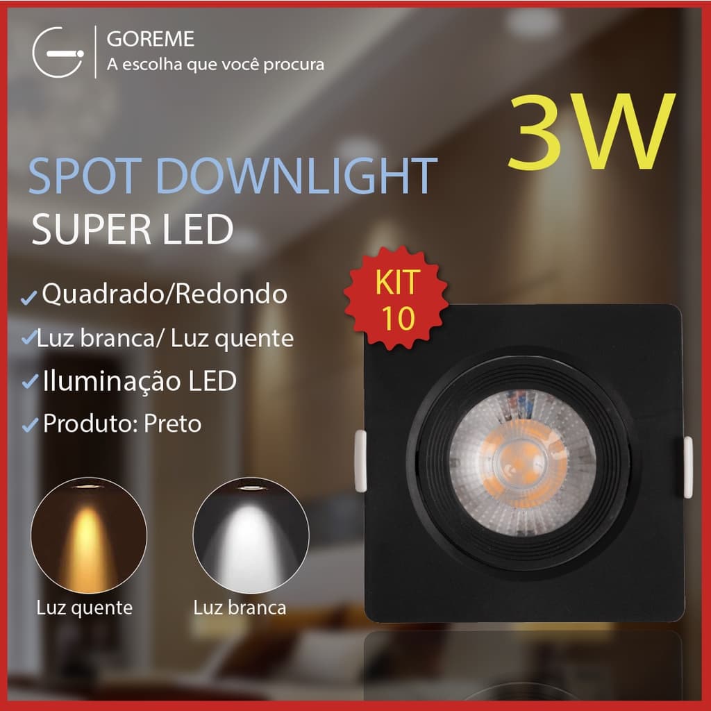 Kit 10 Luminária Spot Led Quadrado Direcionável 3W Embutir Gesso Teto Preto| Luz Fria Luz Quente Bivolt Spot Super LED
