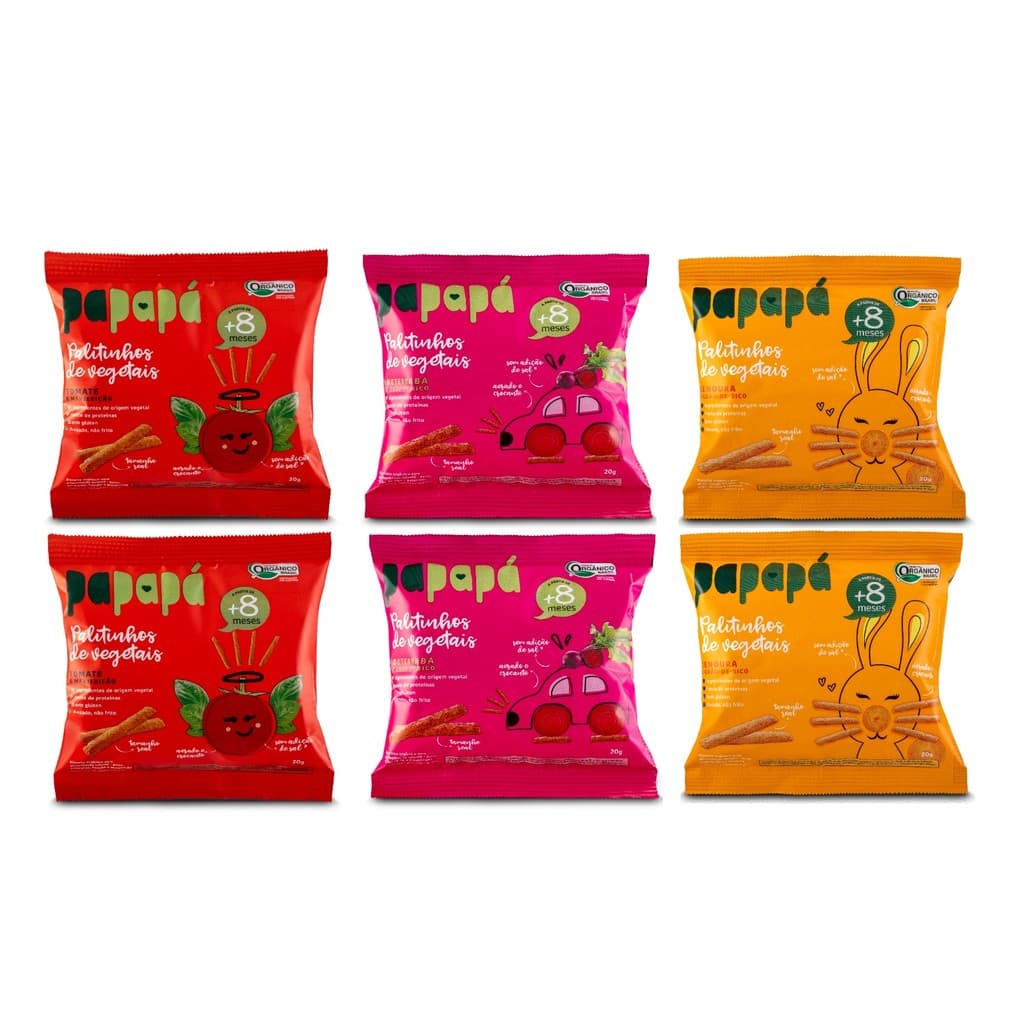 Kit 6 Palitinhos de Vegetais Biscoito Infantil Papapá Orgânico 2 de Cada 120g
