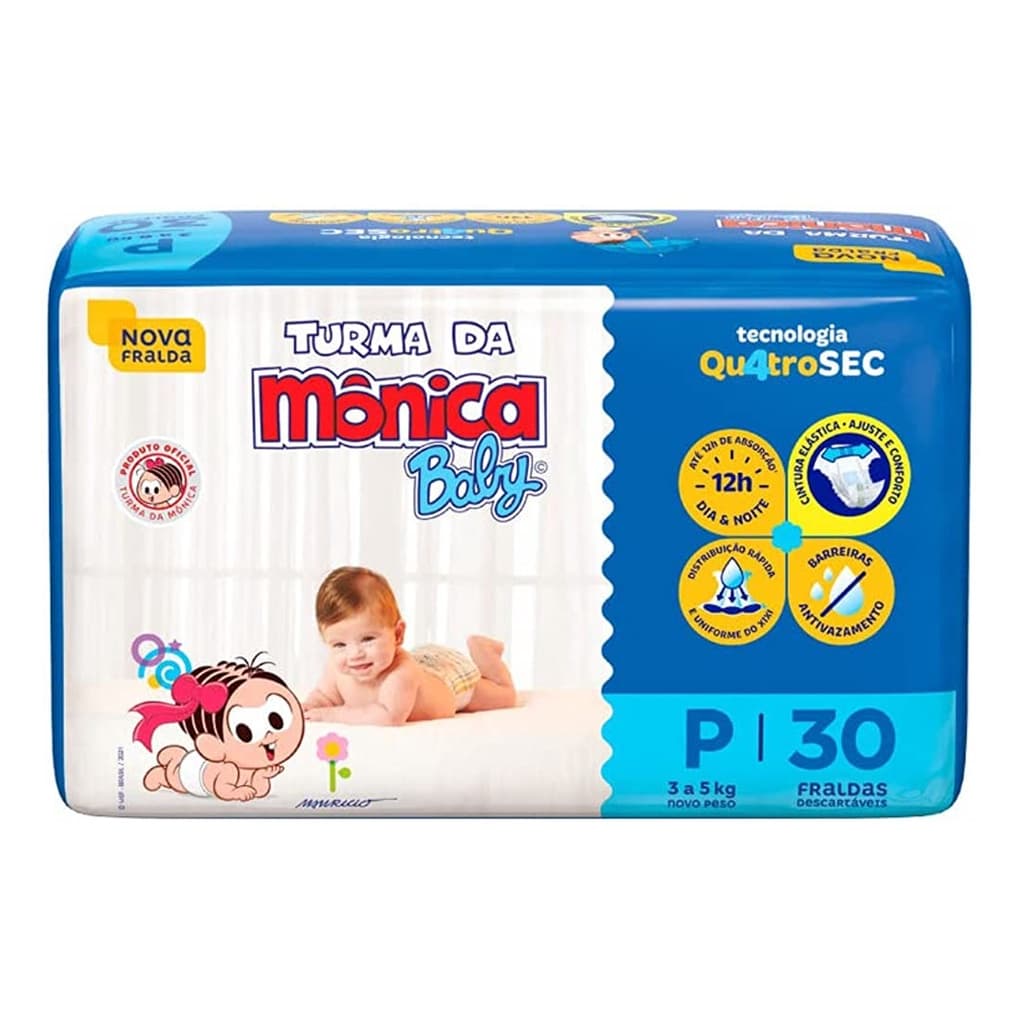 Fralda Turma da Mônica Baby Jumbo Tamanho P - Pacote com 30 Fraldas Descartáveis