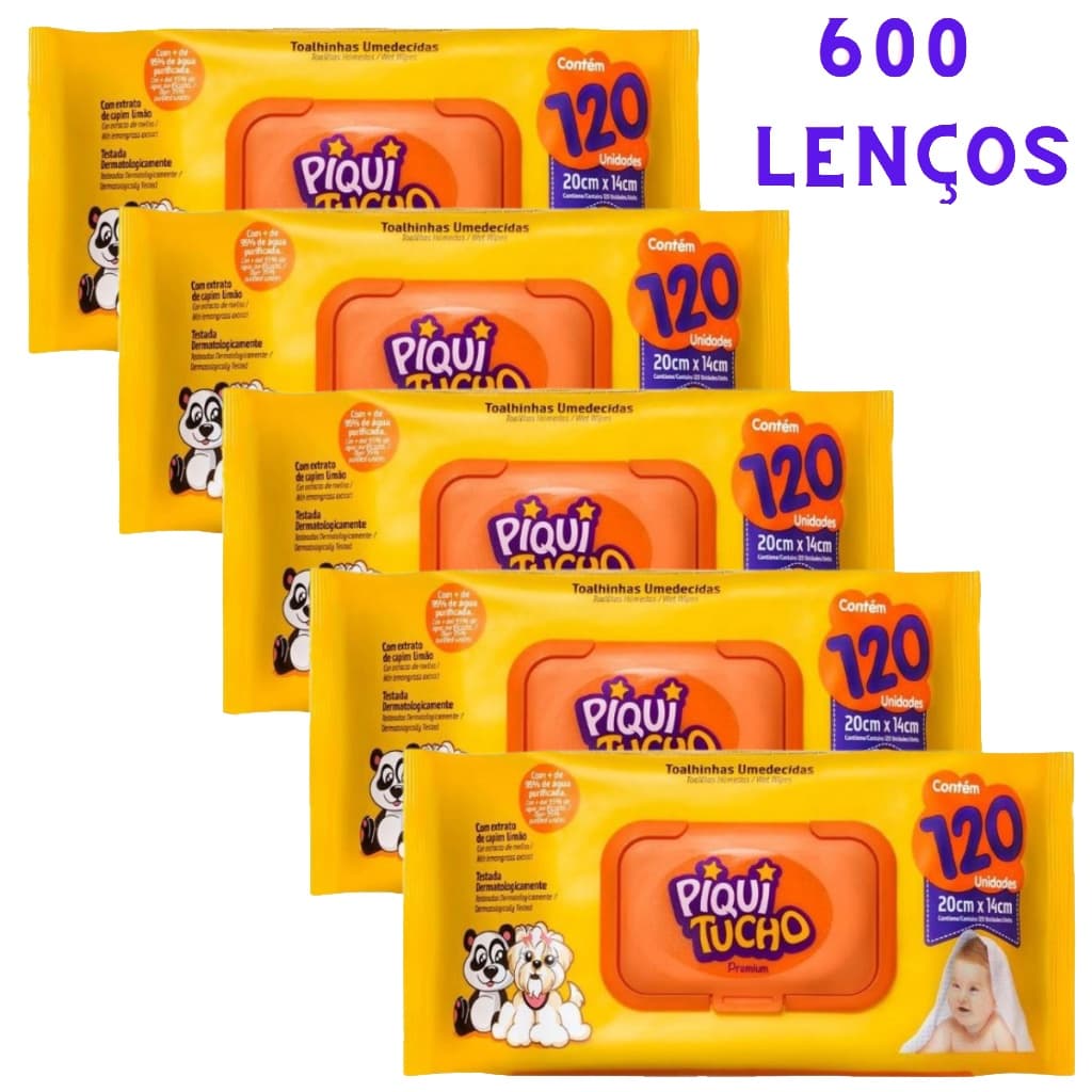 Kit 5 pacotes lenço umedecido PIQUITUCHO PREMIUM 600 Toalhas
