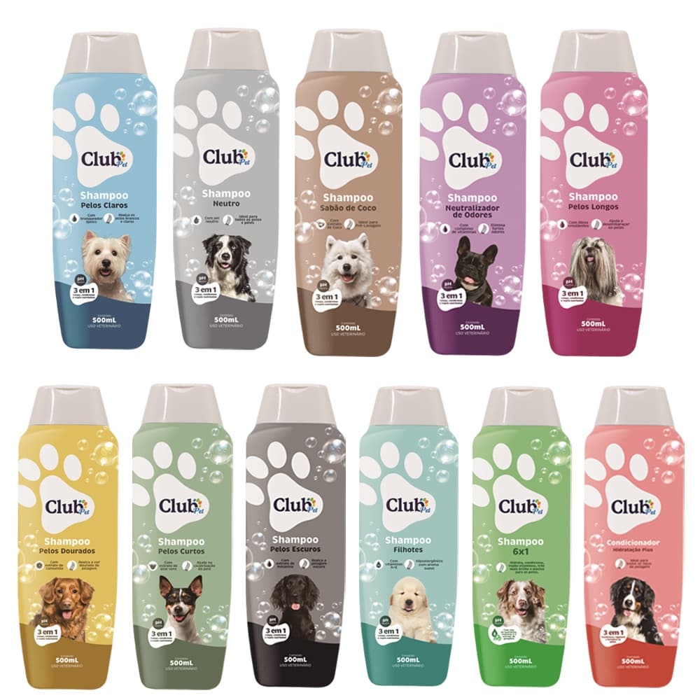 Kit 2 Shampoo Condicionador para Cachorros e Gatos Club Pet 500ml