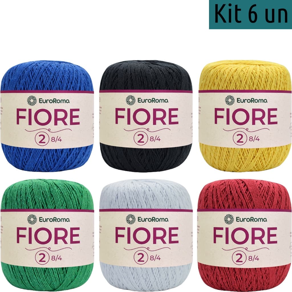 kit de 6 Novelos Linha Fiore Fio N°2 Euroroma Barbante Fino para Crochê, Amigurumi e Tricô