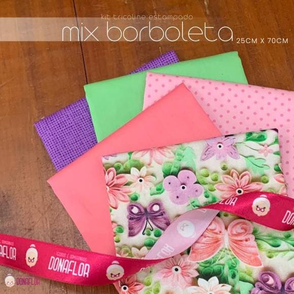 Kit 5Tricolines Mix Borboleta 25cm X 70cm 100% Algodão - para Panos de Prato, Fraldas  e Patchwork