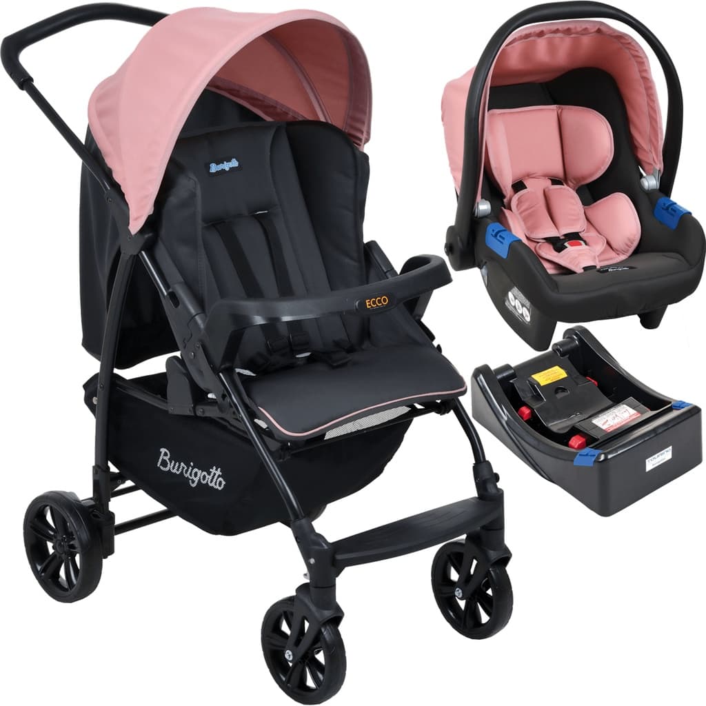 Carrinho de Bebê c/ Bebê Conforto Cinza Rosa + Base - Burigotto