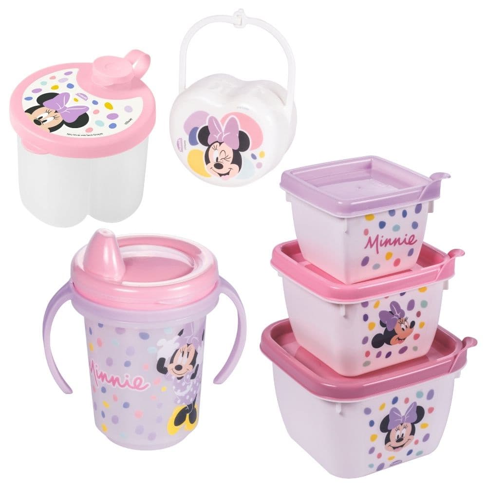 Kit infantil caneca com bico, porta leite em pó, conjunto 3 potes e porta chupetas Minnie Plasutil