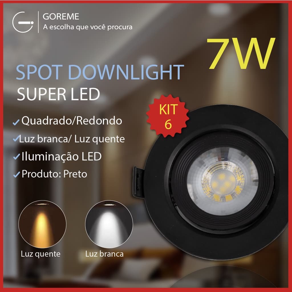 Kit 6 Luminária Spot Led Redondo Direcionável 7W Embutir Gesso Teto Preto |Luz Fria / Luz Quente Bivolt Spot Super LED