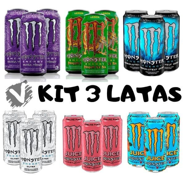 Kit 3 Energético Monster Energy Sabores 473ml Bebida Energética Flex SP