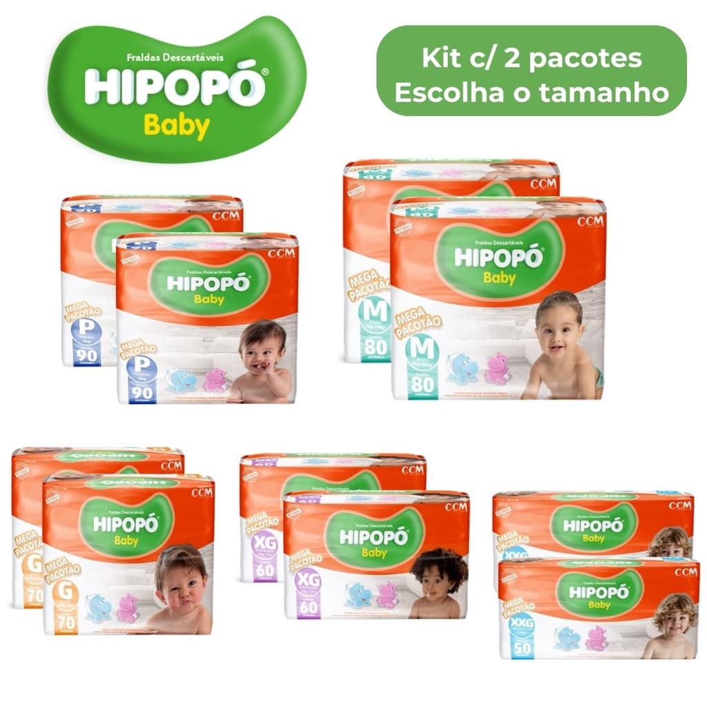 Fralda Hipopó Kit com 2 pacotes escolha o tamanho P/ M/ G/ XG ou XXG