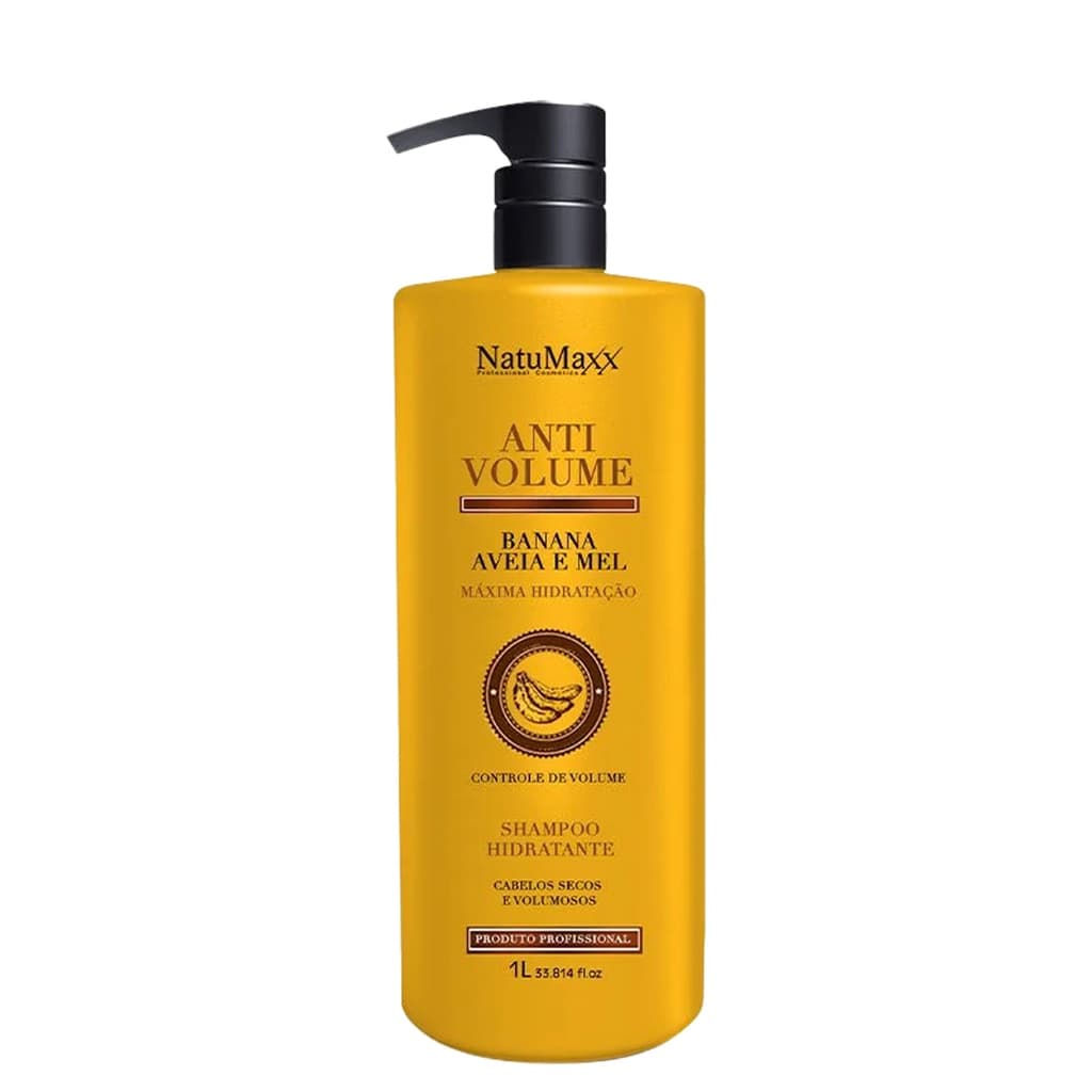 Shampoo Hidratante Cabelos Volumosos e Secos AntiVolume Banana aveia e Mel NatuMaxx 1L rReparação das pontas duplas