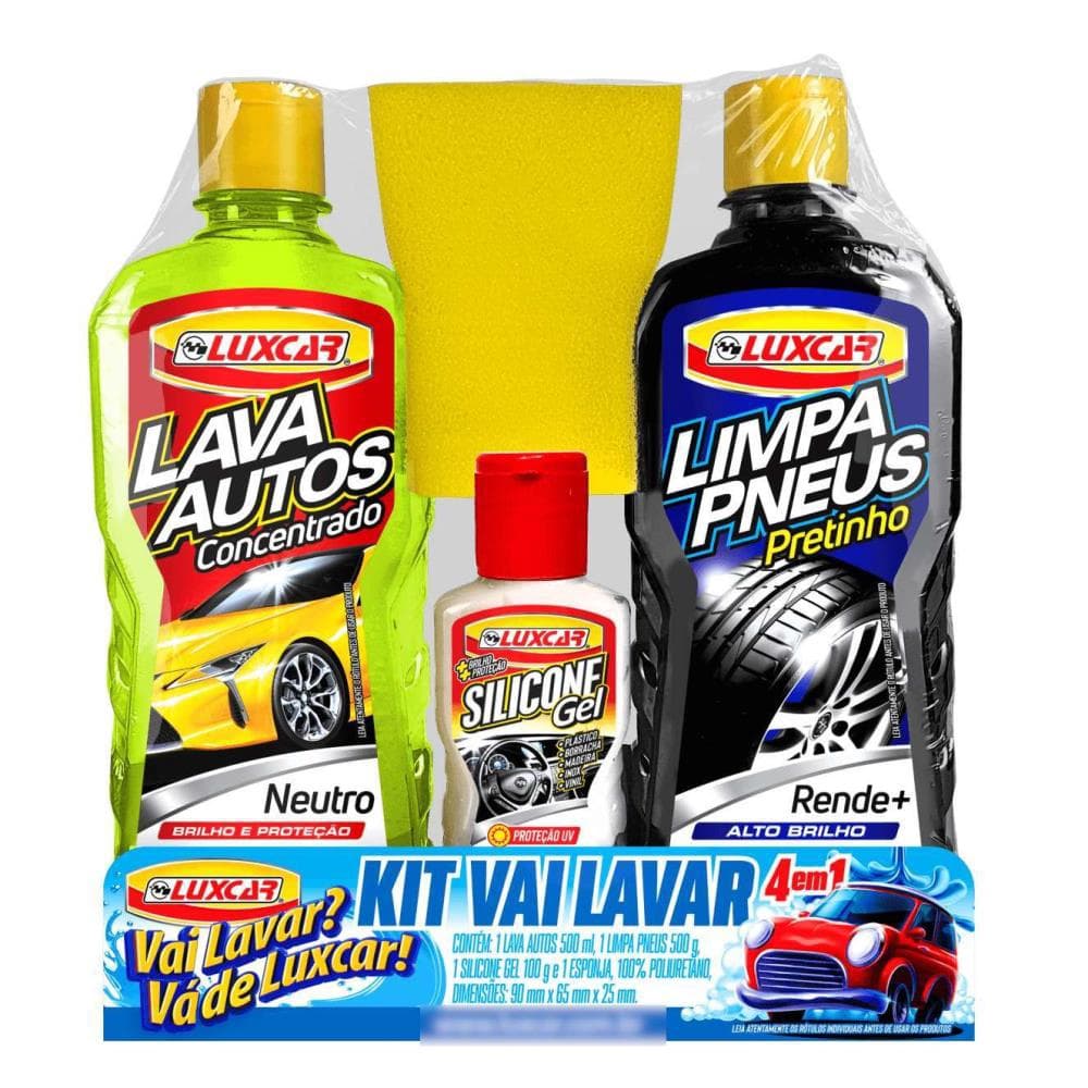 Kit Lava Carro Silicone + Esponja + Pneu Pretinho + Shampoo