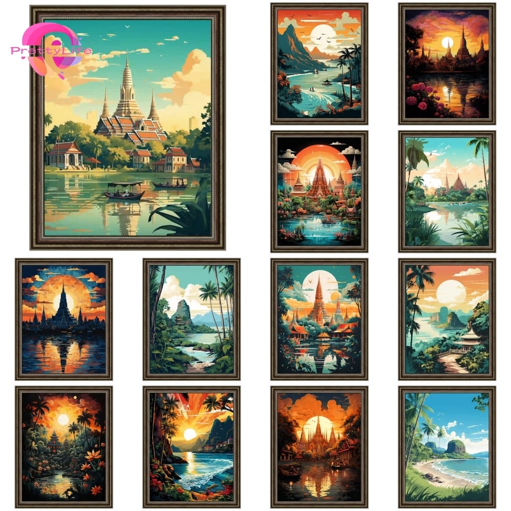 PL Tailândia Paisagem 5D Pintura Diamante Decoração De Casa Placa Retro Arte Decorativa Cheia De Mosaico Bordado Em Pont