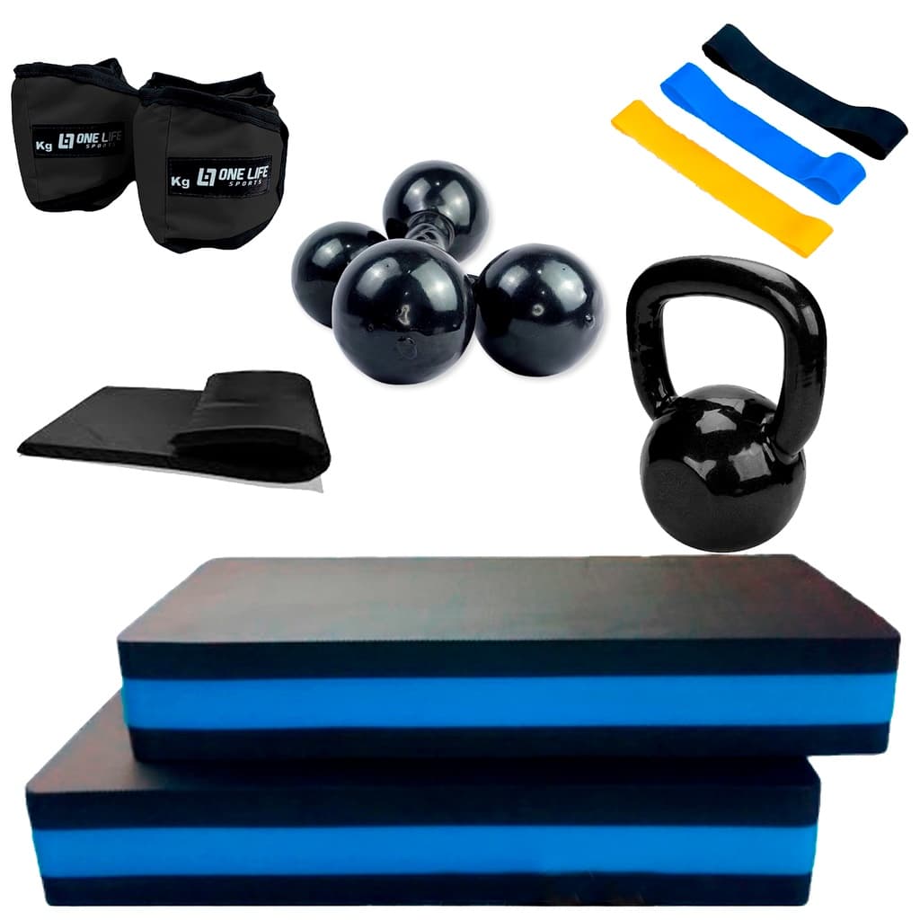 Kit Treino em Casa - Kit Mini band + 2Step + Par Caneleira 5kg + Par Halter 3kg + Colchonete + Kettlebell emborrachado 4 kg