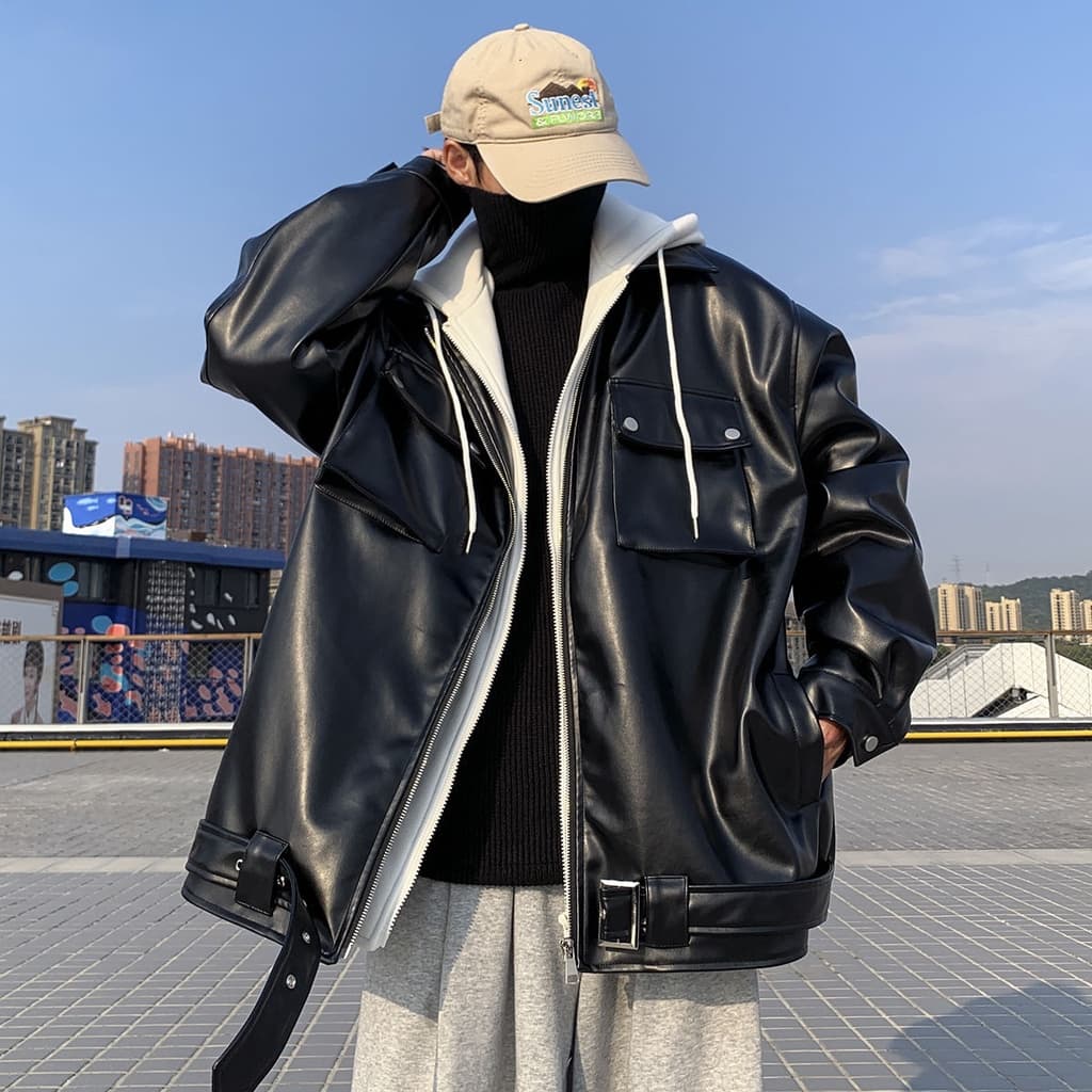 Versão coreana jaqueta de couro da motocicleta masculina com capuz falso de duas peças High-End Design jaqueta de couro 