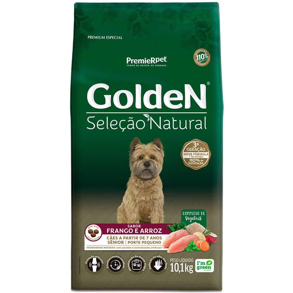 Ração 10,1Kg Golden Seleção Natural Cães Sênior Raças Pequenas Mini Bites Frango e Arroz