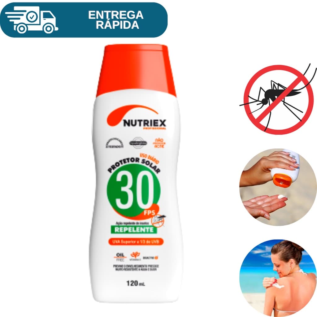 Protetor Solar Fps 30 Com Repelente 120ml Nutriex 1/3 UVA UVB Bloqueador Solar Fator 30 Proteção
