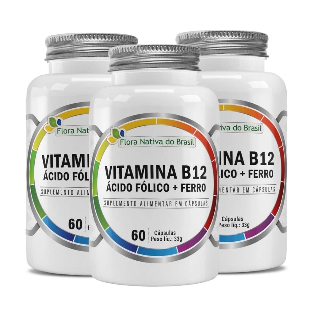 Kit 3 Ferro + Ácido Fólico + Vitamina B12 ( Metilcobalamina) 60 Caps Flora Nativa