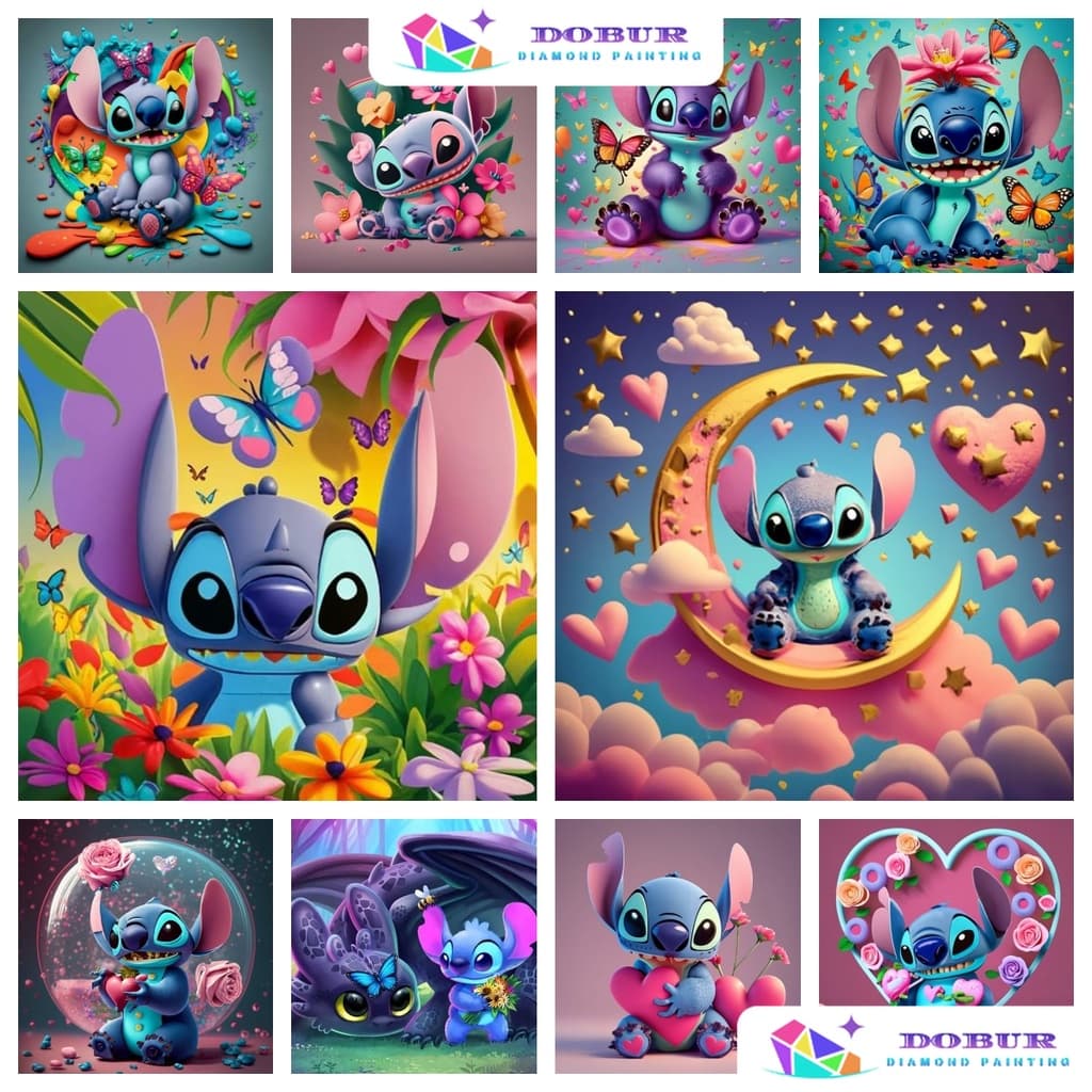 DOBUR | Conjunto De Pintura Com Diamante Desenho Animado Stitch 5D DIY Round Full Drill Canvas Número De Artesanato Deco